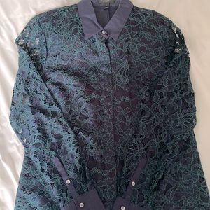 NWOT J.Crew Navy/Green Lace Button Down Women’s 6